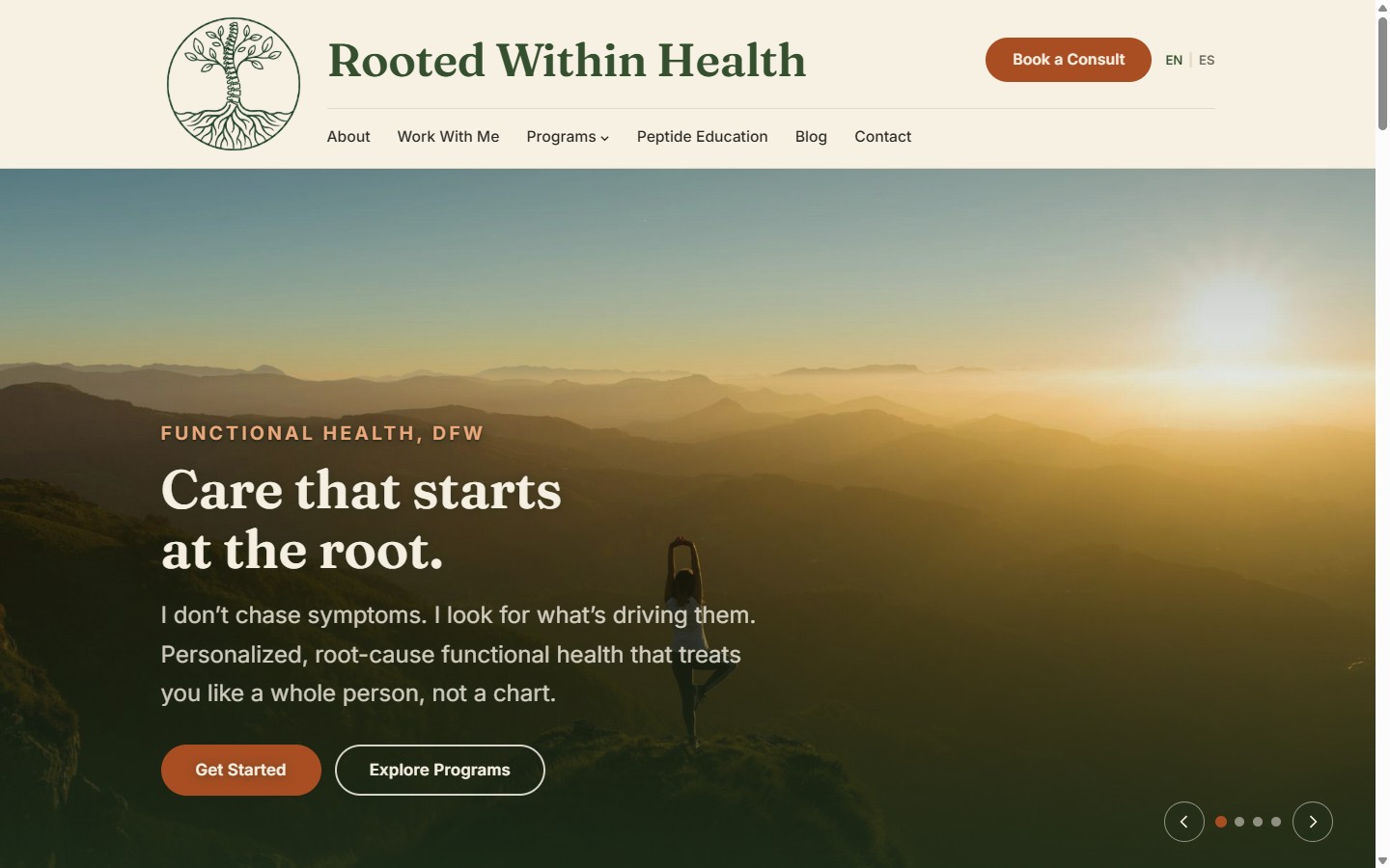 The Rooted Within Health homepage: a full-width landscape photograph behind the practice name, with the main navigation above it.